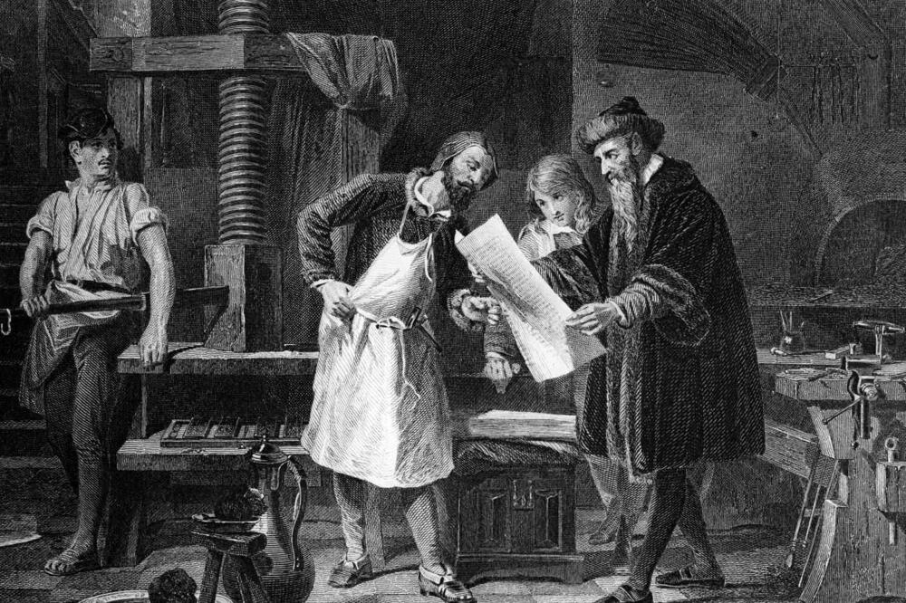 Gutenbergova štamparija na staroj ilustraciji, Foto: LiveAbout