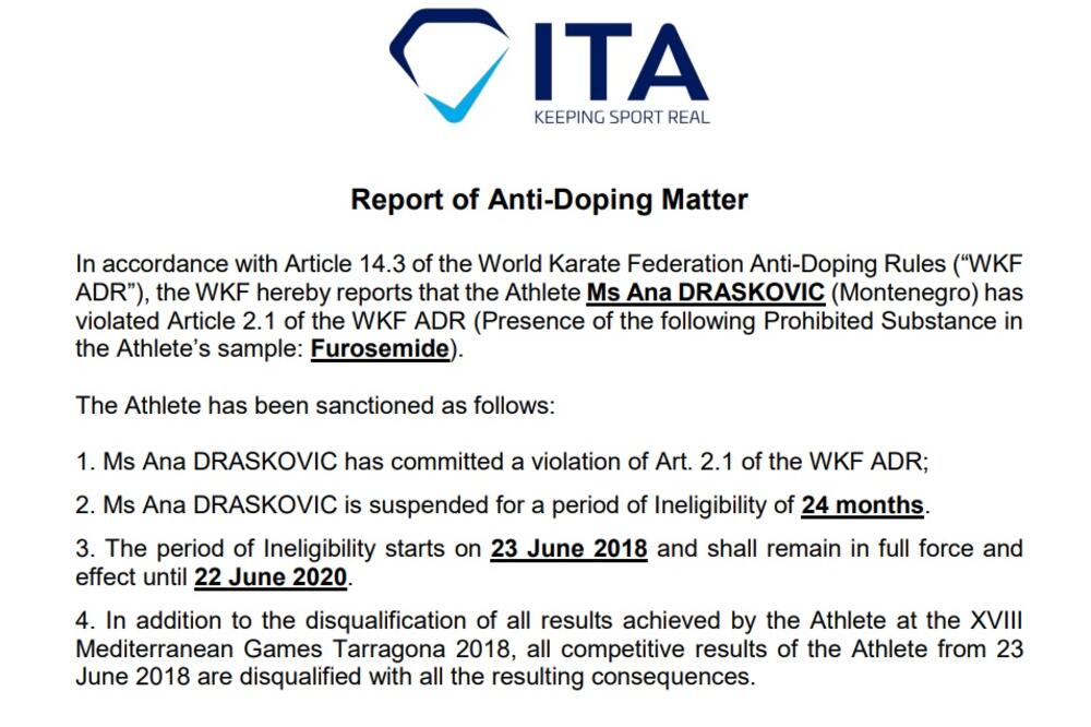 Odluka Svjetske karate federacije o suspenziji za Anu Drašković