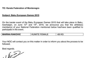 WKF uputio Marini Raković poziv za 1. Evropske igre