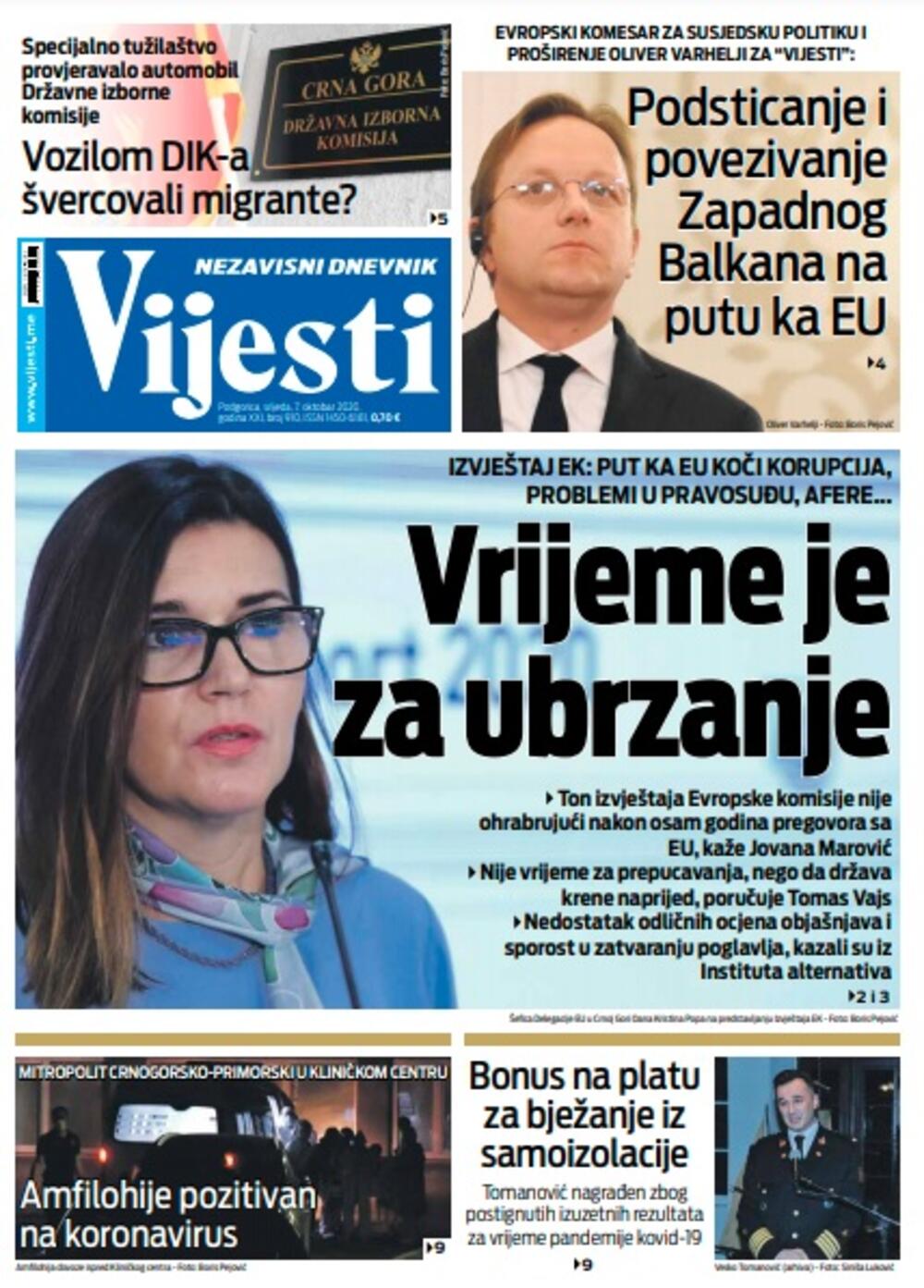 Naslovna strana "Vijesti" za srijedu 7. oktobar 2020. godine, Foto: Vijesti