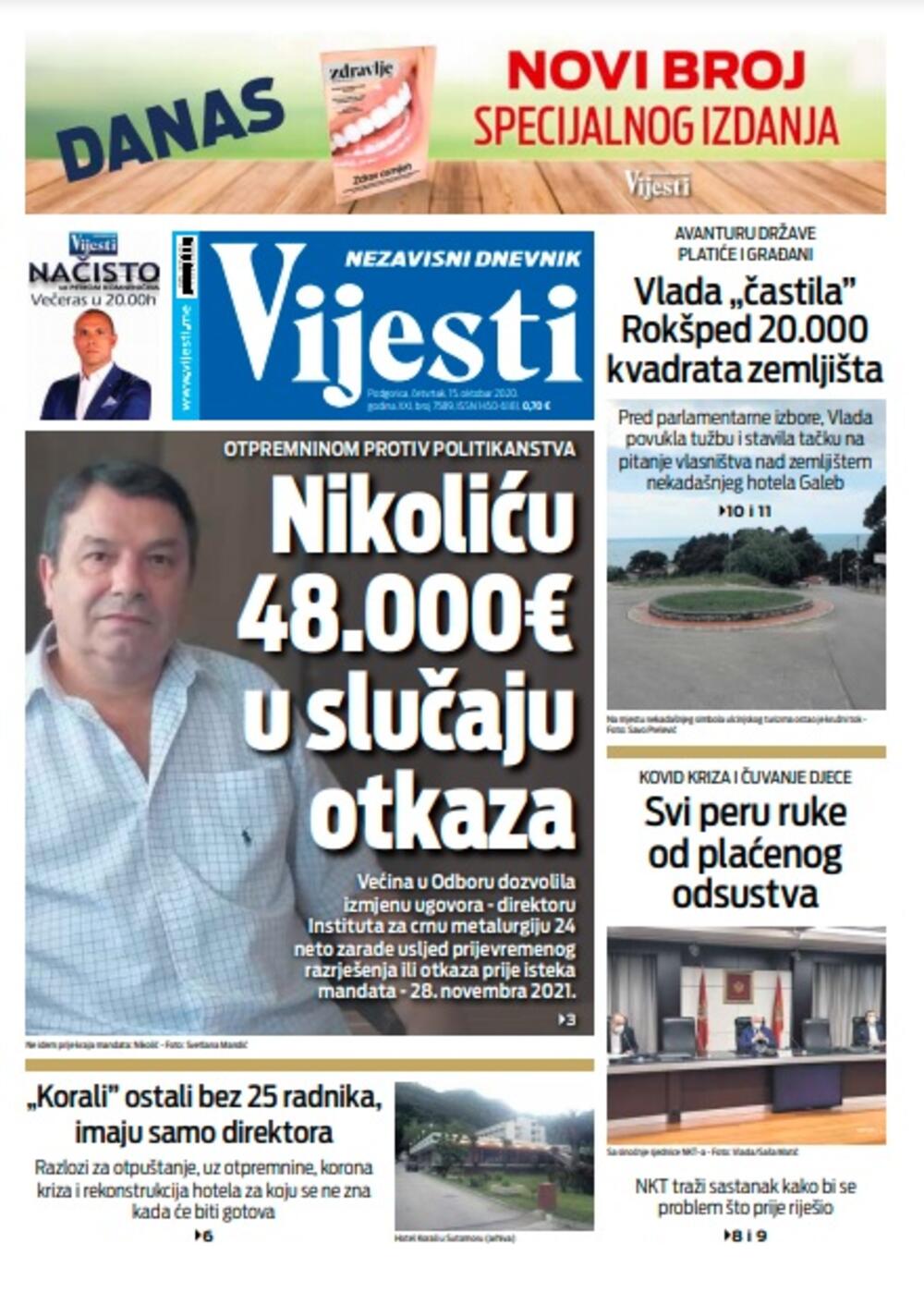 Naslovna strana "Vijesti" za četvrtak 15. oktobar 2020. godine, Foto: Vijesti