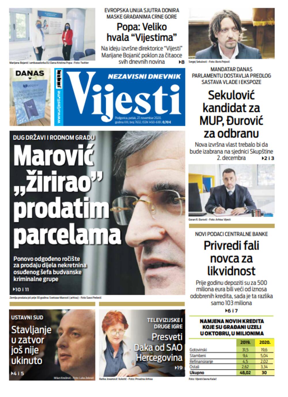 Naslovna strana "Vijesti" za 27. novembar, Foto: Vijesti