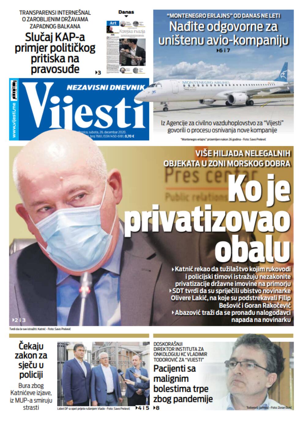 Naslovna strana "Vijesti" za subotu 26. decembar 2020. godine, Foto: Vijesti