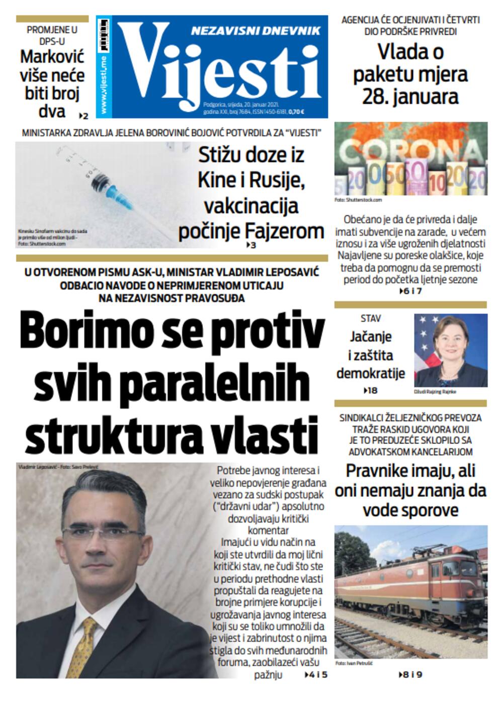 Naslovna strana "Vijesti" za srijedu 20. januar 2021. godine, Foto: Vijesti