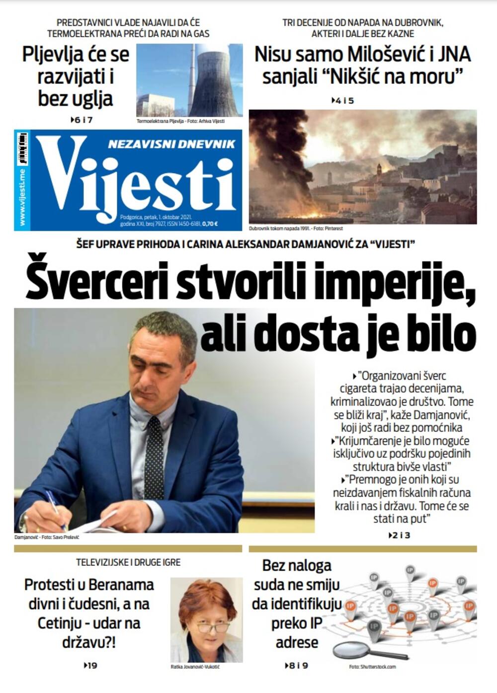 Naslovna strana "Vijesti" za 1. oktobar 2021., Foto: Vijesti