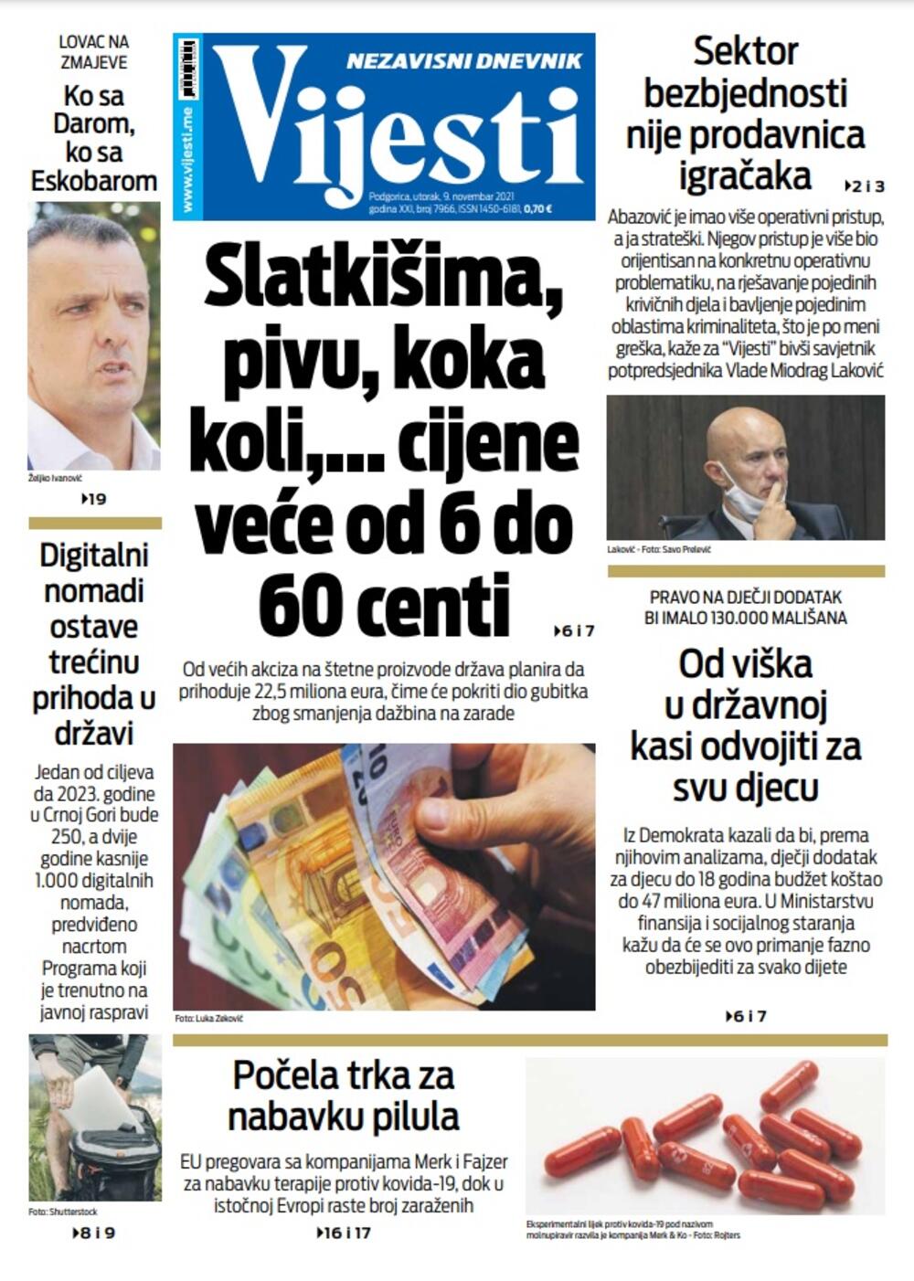 Naslovna strana "Vijesti" za 9. novembar 2021., Foto: Vijesti