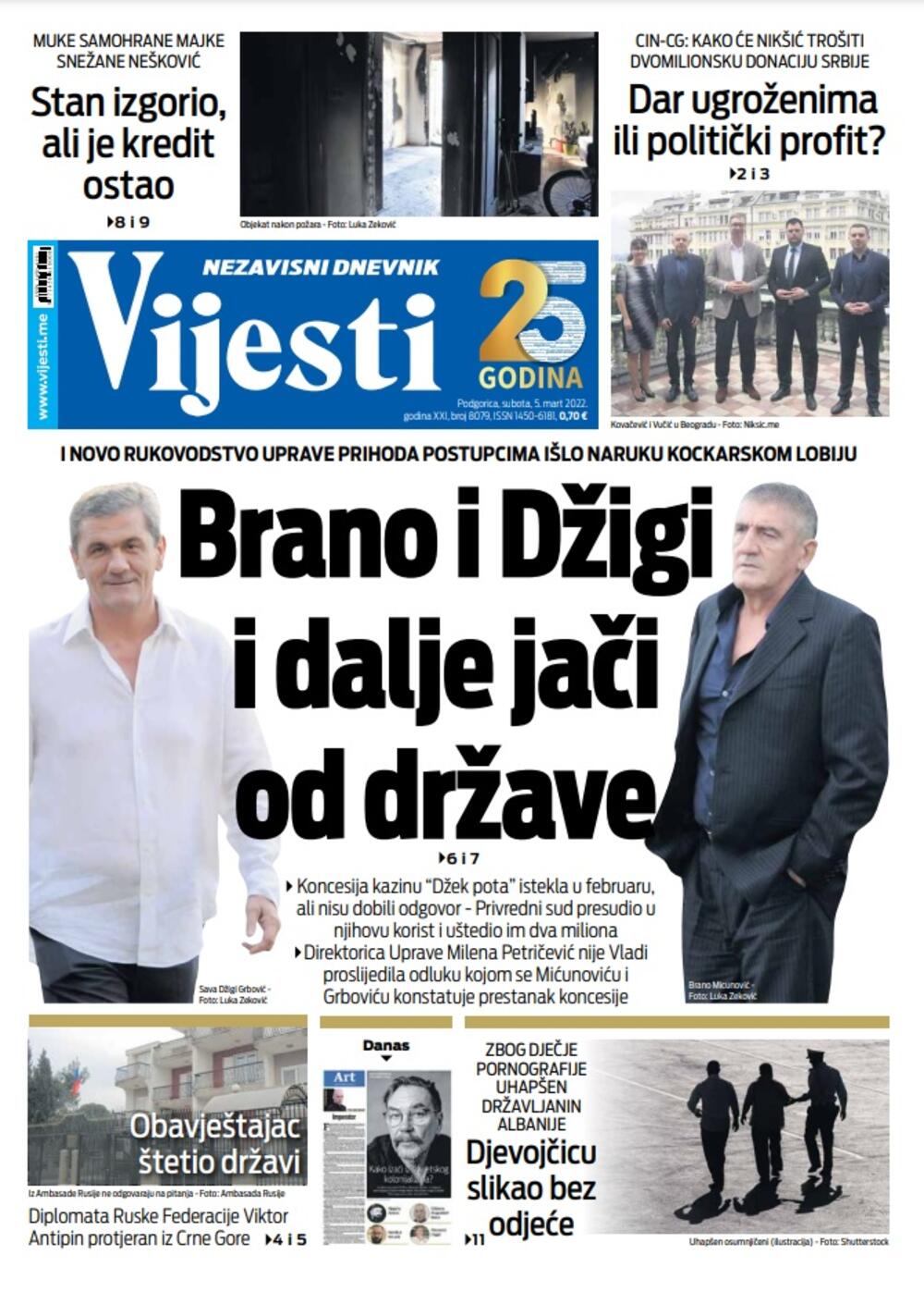 Naslovna strana "Vijesti" za 5. mart 2022., Foto: Vijesti