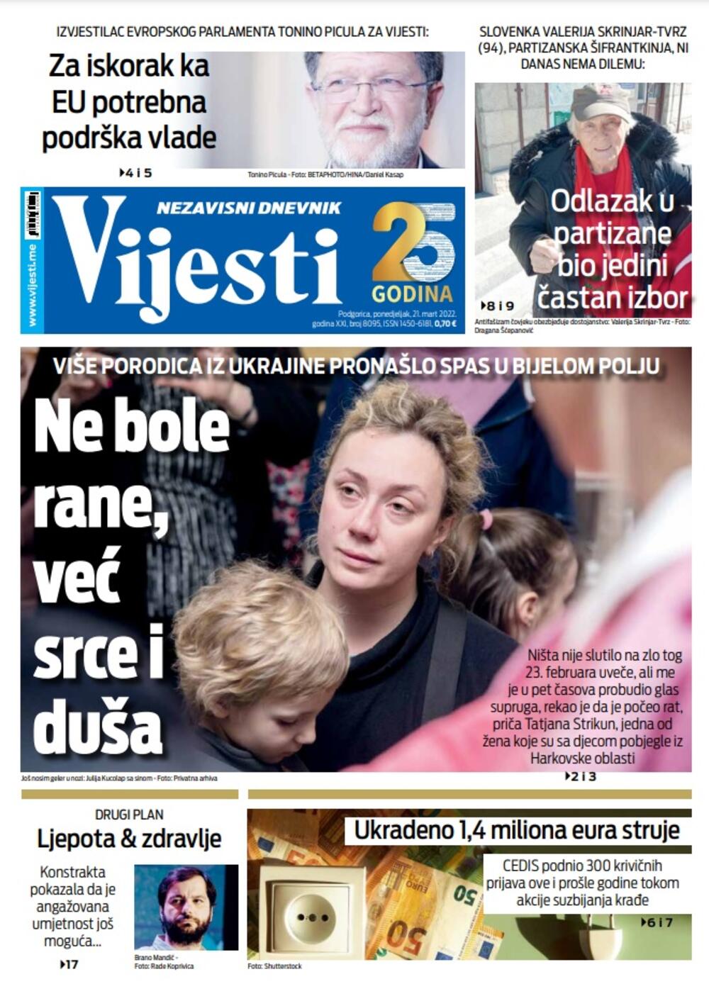 Naslovna strana "Vijesti" za 21. mart 2022., Foto: Vijesti