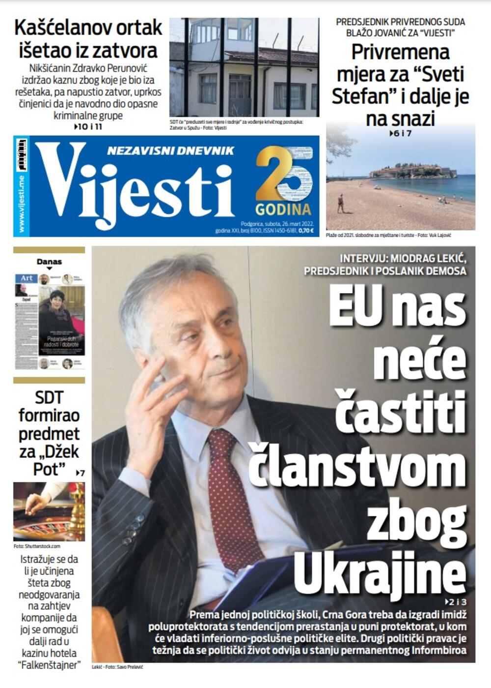 Naslovna strana "Vijesti" za 26. mart 2022., Foto: Vijesti