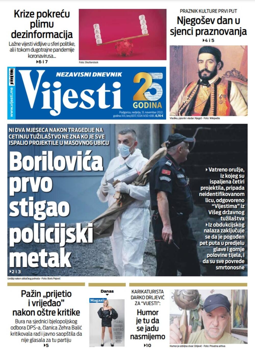 Naslovna strana "Vijesti" za 13. novembar 2022. godine, Foto: Vijesti