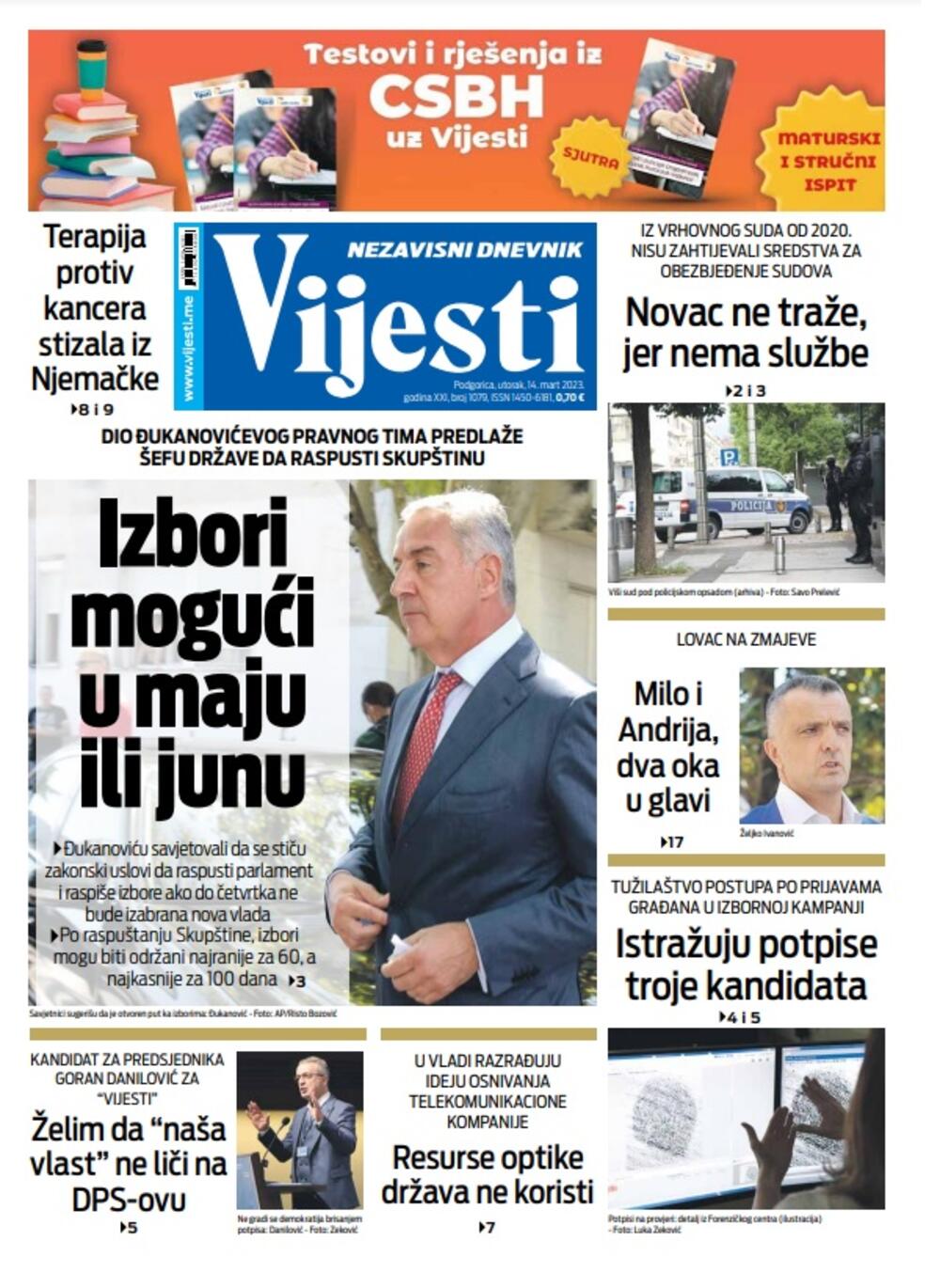 Naslovna strana "Vijesti" za 14. mart 2023. godine, Foto: Vijesti