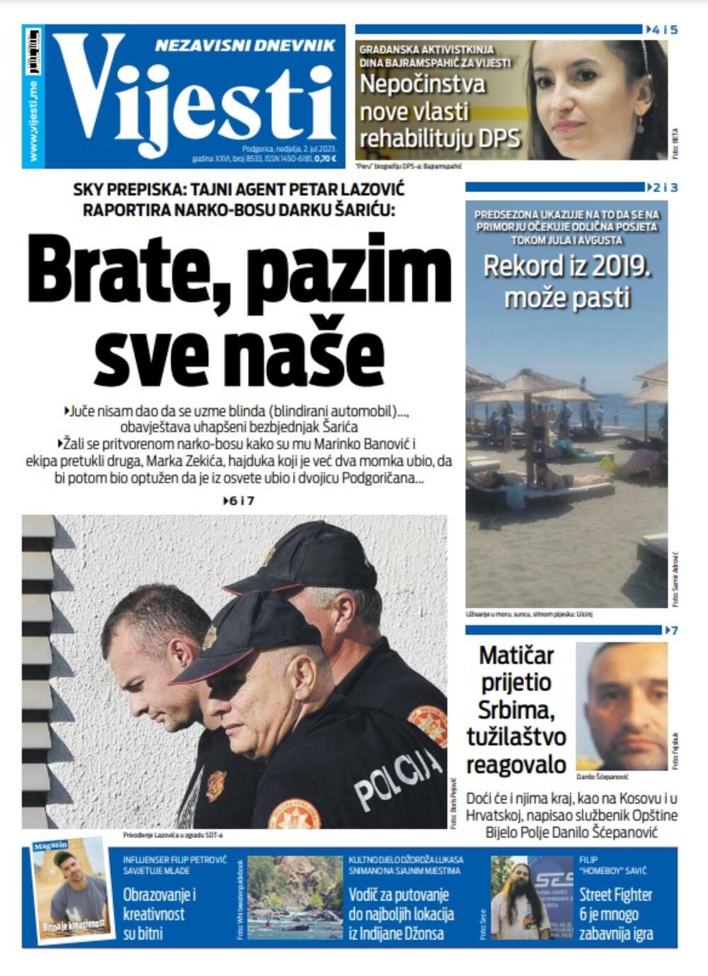 Naslovna strana "Vijesti" za 2. jul 2023., Foto: Vijesti