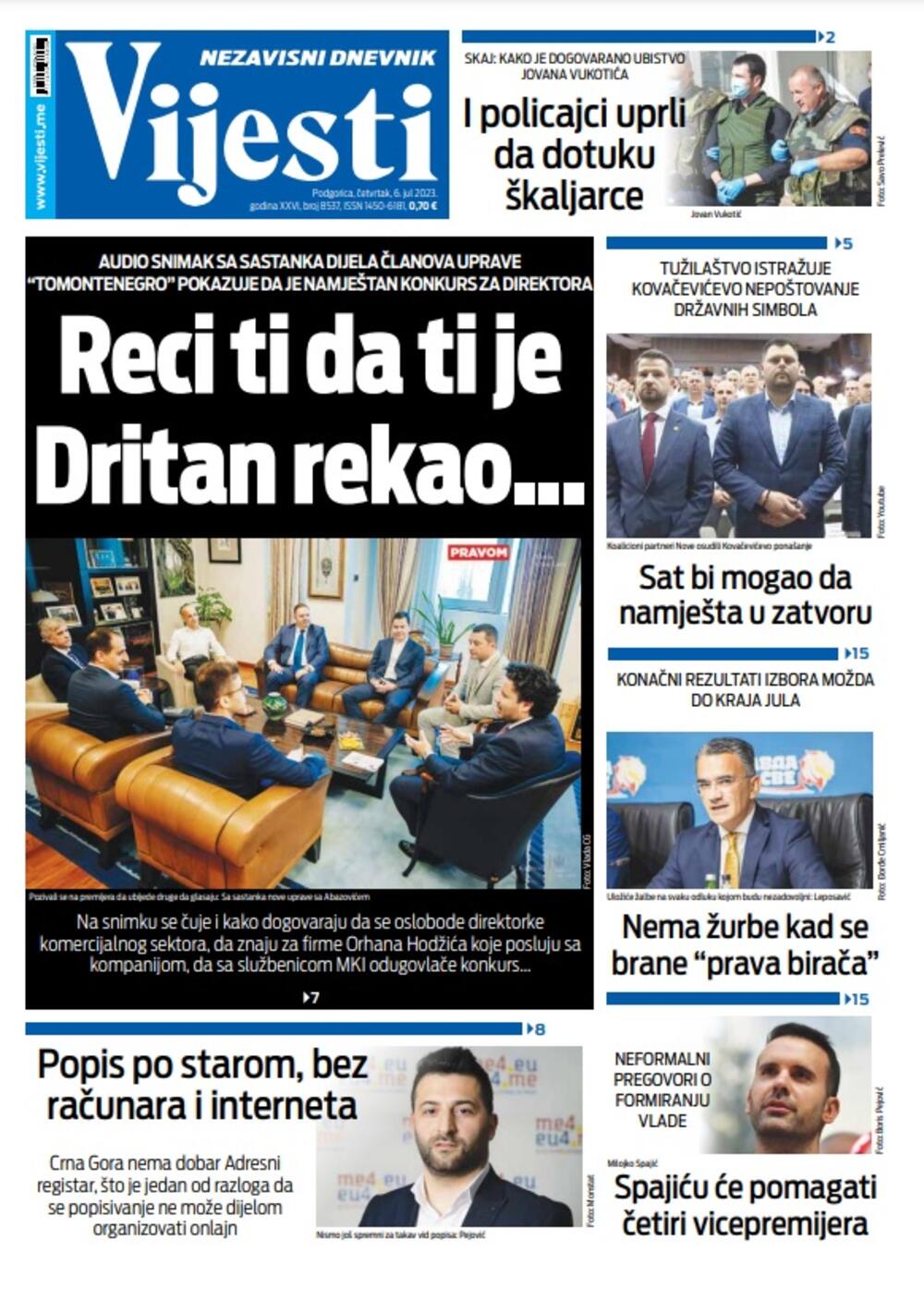 Naslovna strana "Vijesti" za 6. jul 2023., Foto: Vijesti
