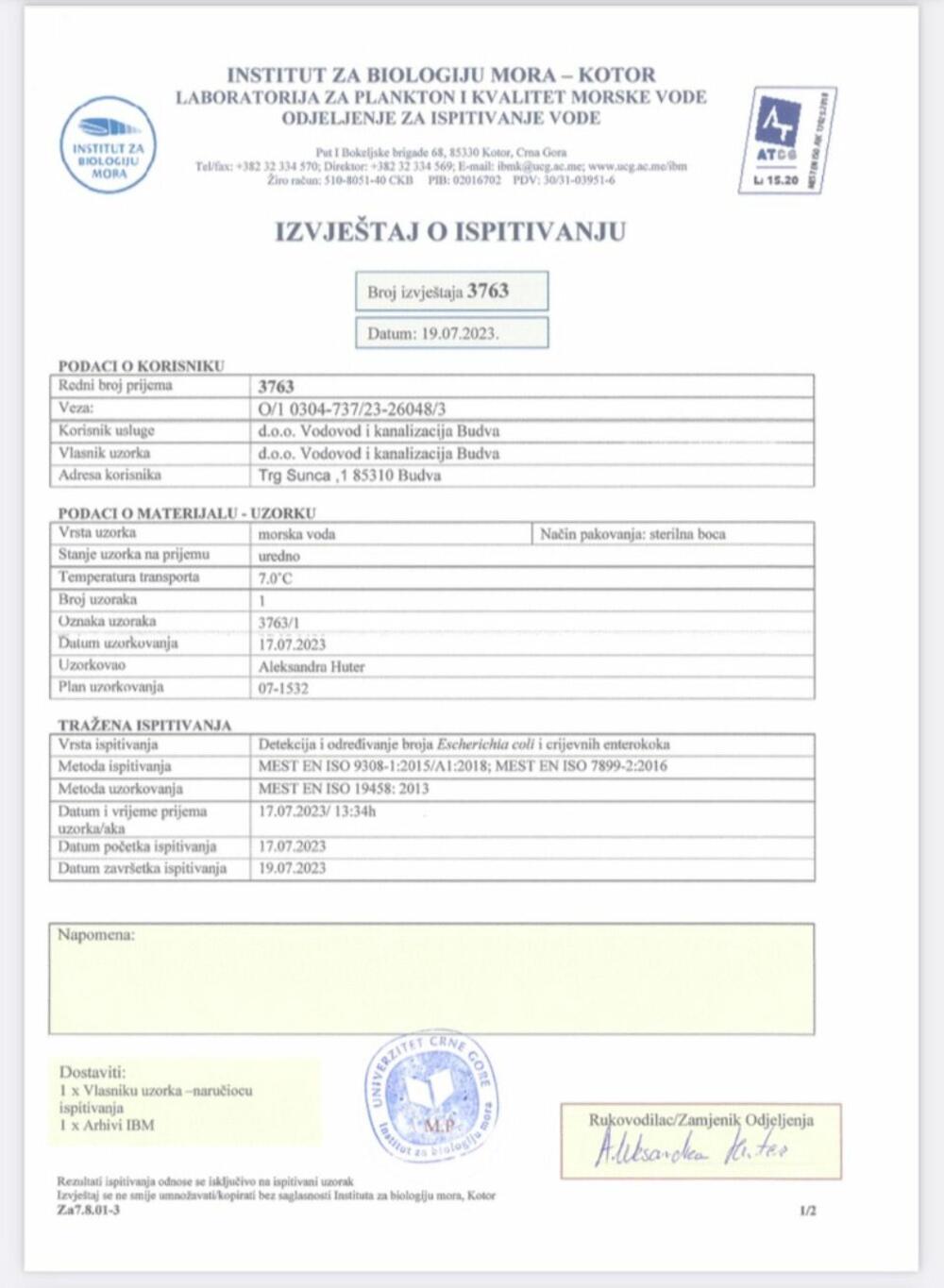 <p>Rezultat analize Instituta za biologiju mora</p>