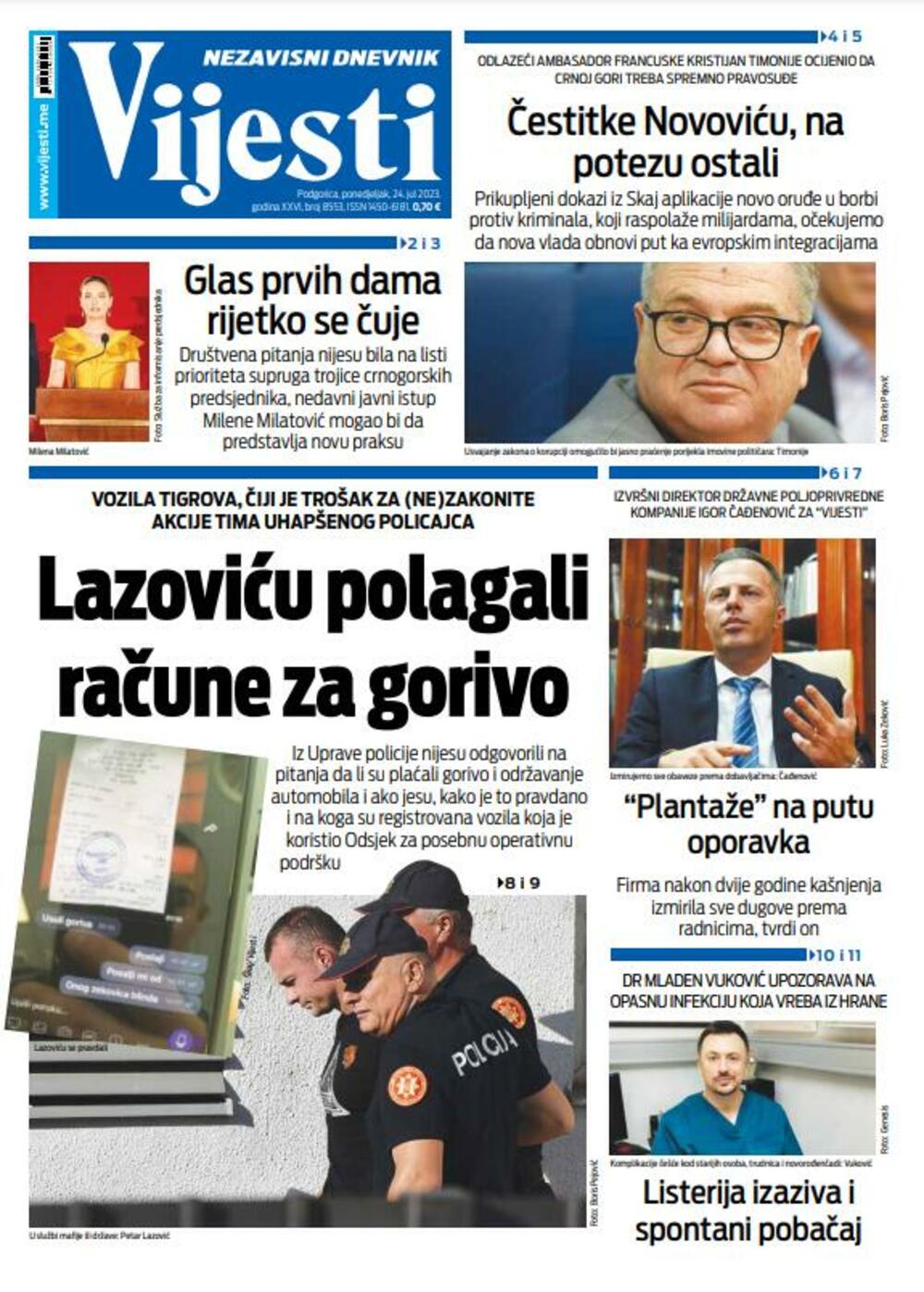 Naslovna strana "Vijesti" za 24. jul 2023., Foto: Vijesti