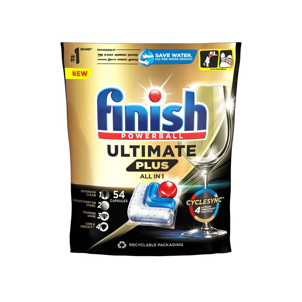 Finish Ultimate Plus All in 1 capsules for intensive cleaning and diamond  shine from the first attempt, every time.