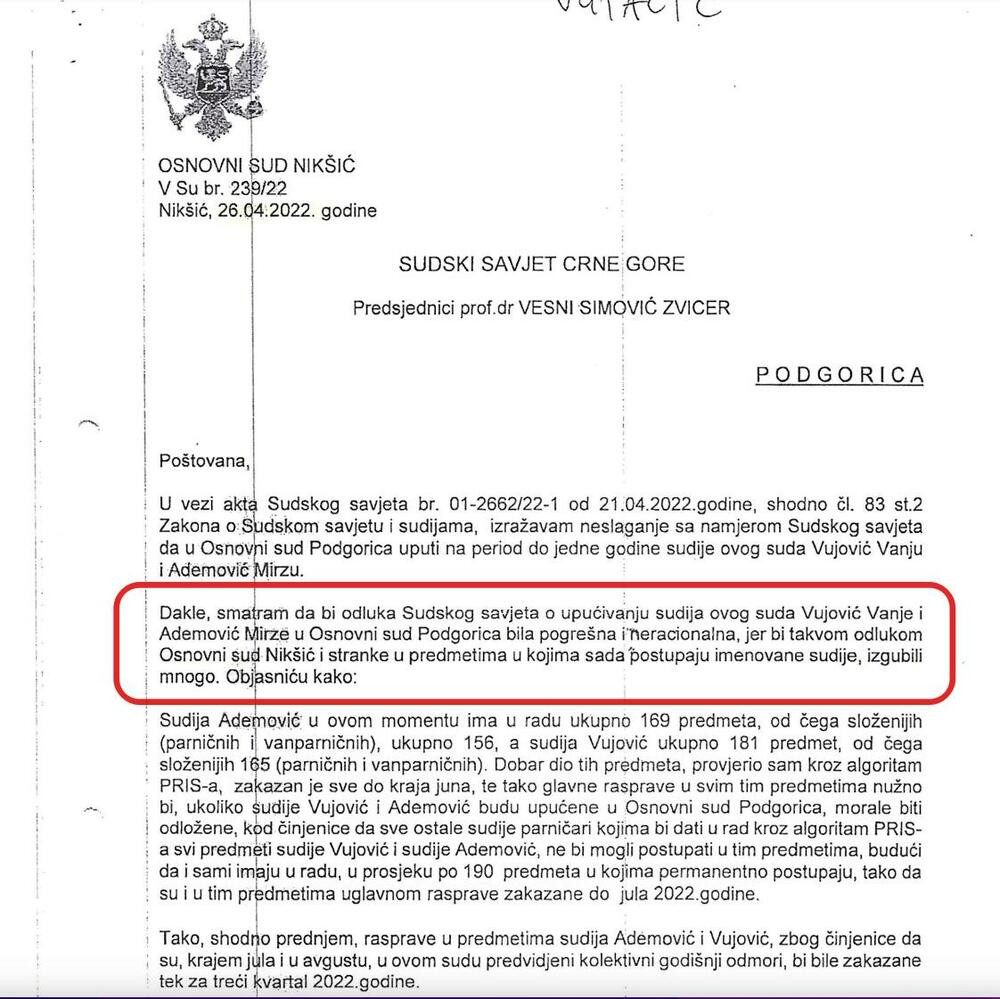 Predsjednik suda u Nikšiću smatrao da je odluka o upućivanju neracionalna i pogrešna