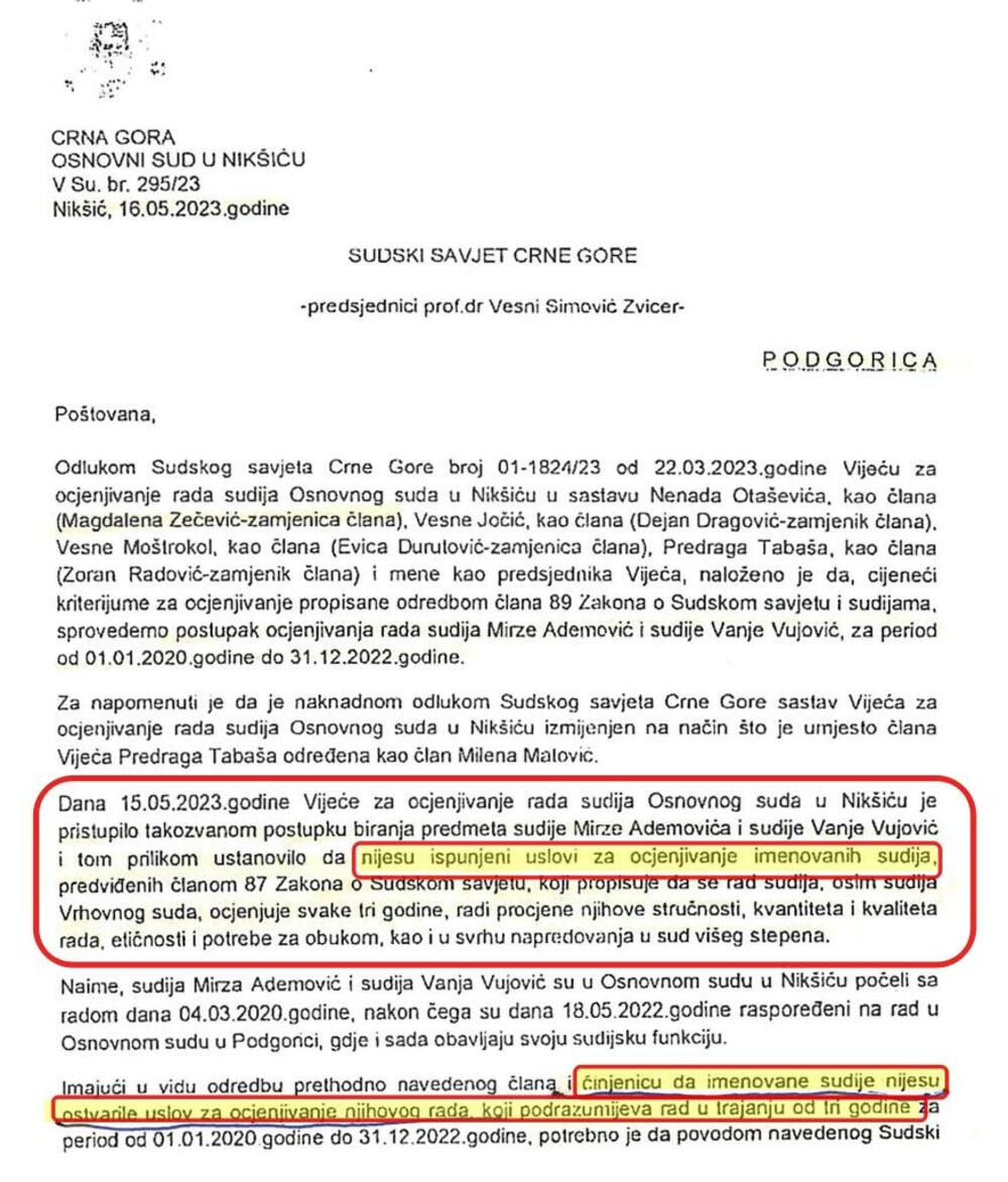 Dopis Osnovnog suda Nikšić prema kojem sudije ne ispunjavaju uslove za trajni premještaj