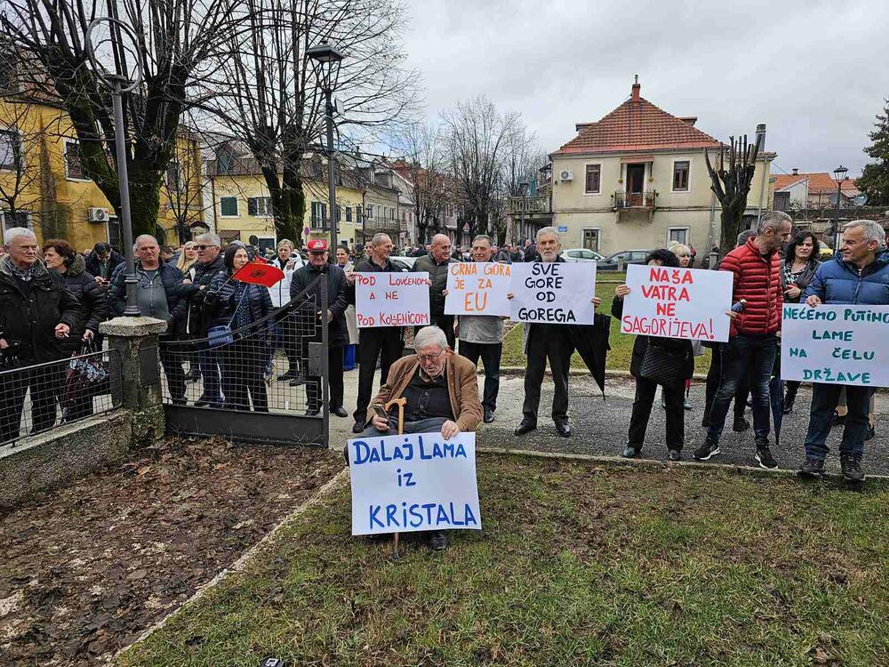 <p>Okupljeni nose transparente sa natpisima "Mandiću, promašio si Prijestonicu", "Nećemo Putinove lame na čelu države", "Crna Gora je za EU", Pod Lovćenom, a ne pod koljenicom", "Dalaj lama iz Kristala"</p>