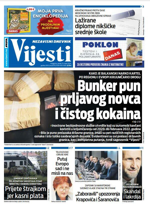 Naslovna strana "Vijesti" za petak 15. mart