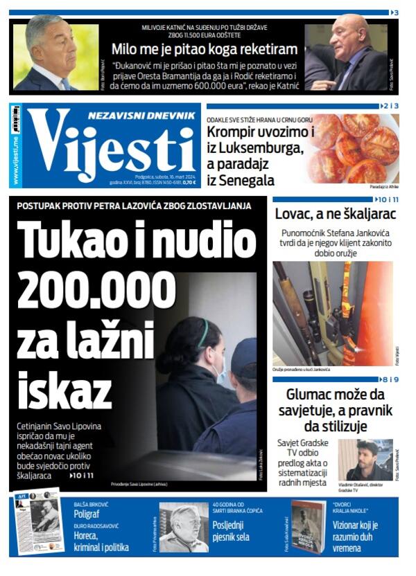 Naslovna strana "Vijesti" za subotu 16. mart