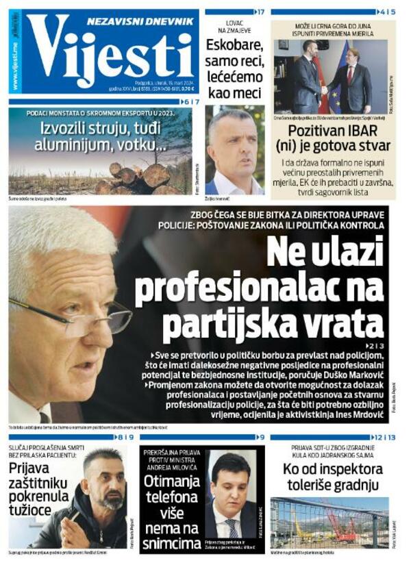 Naslovna strana "Vijesti" za 19. mart 2024.
