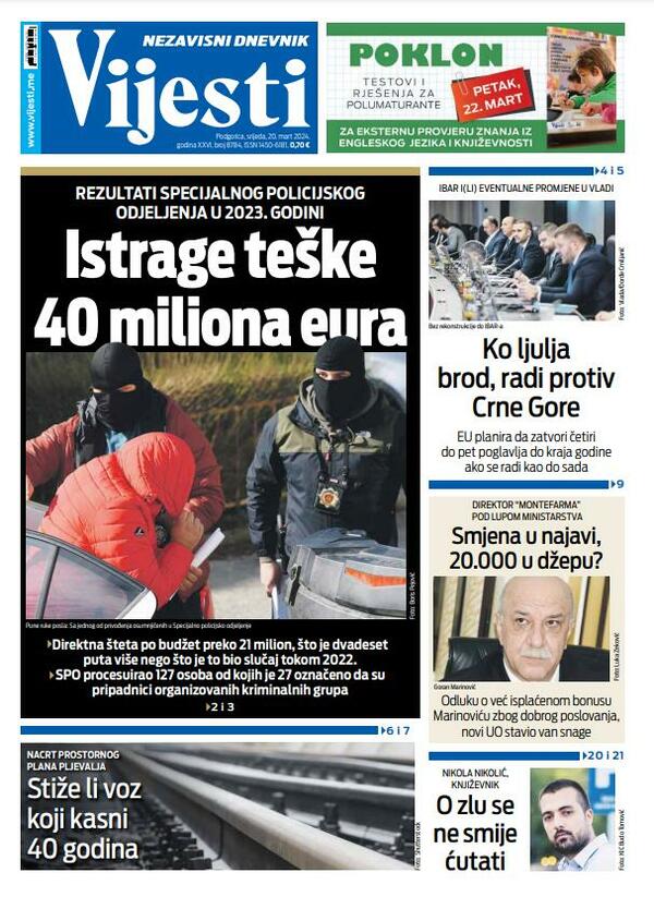 Naslovna strana "Vijesti" za 20. mart 2024.