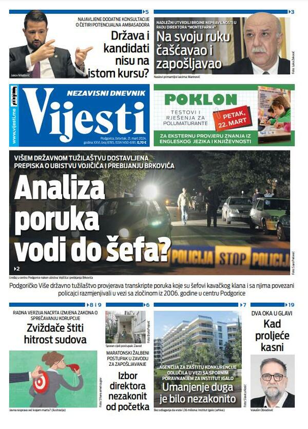 Naslovna strana "Vijesti" za 21. mart 2024.