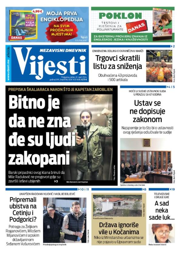 Naslovna strana "Vijesti" za 22. mart 2024.