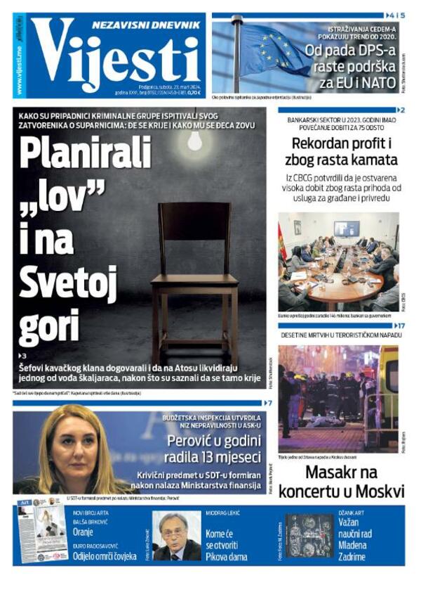 Naslovna strana "Vijesti" za 23. mart 2024.