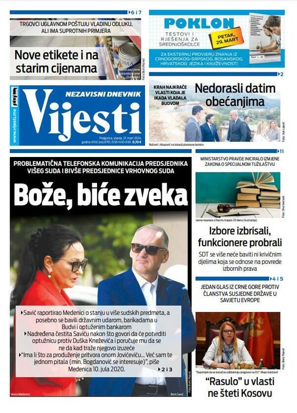Naslovna strana "Vijesti" za 27. mart 2024. godine