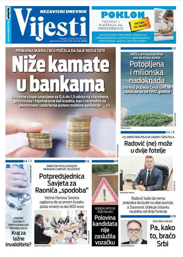 Naslovna strana "Vijesti" za 28. mart 2024. godine