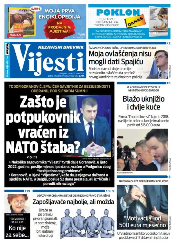 Naslovna strana "Vijesti" za 29. mart 2024. godine