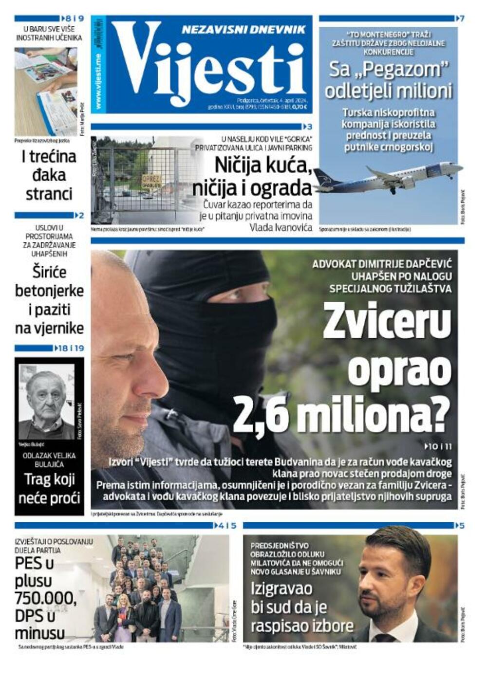 Naslovna strana "Vijesti" za 4. april 2024., Foto: Vijesti