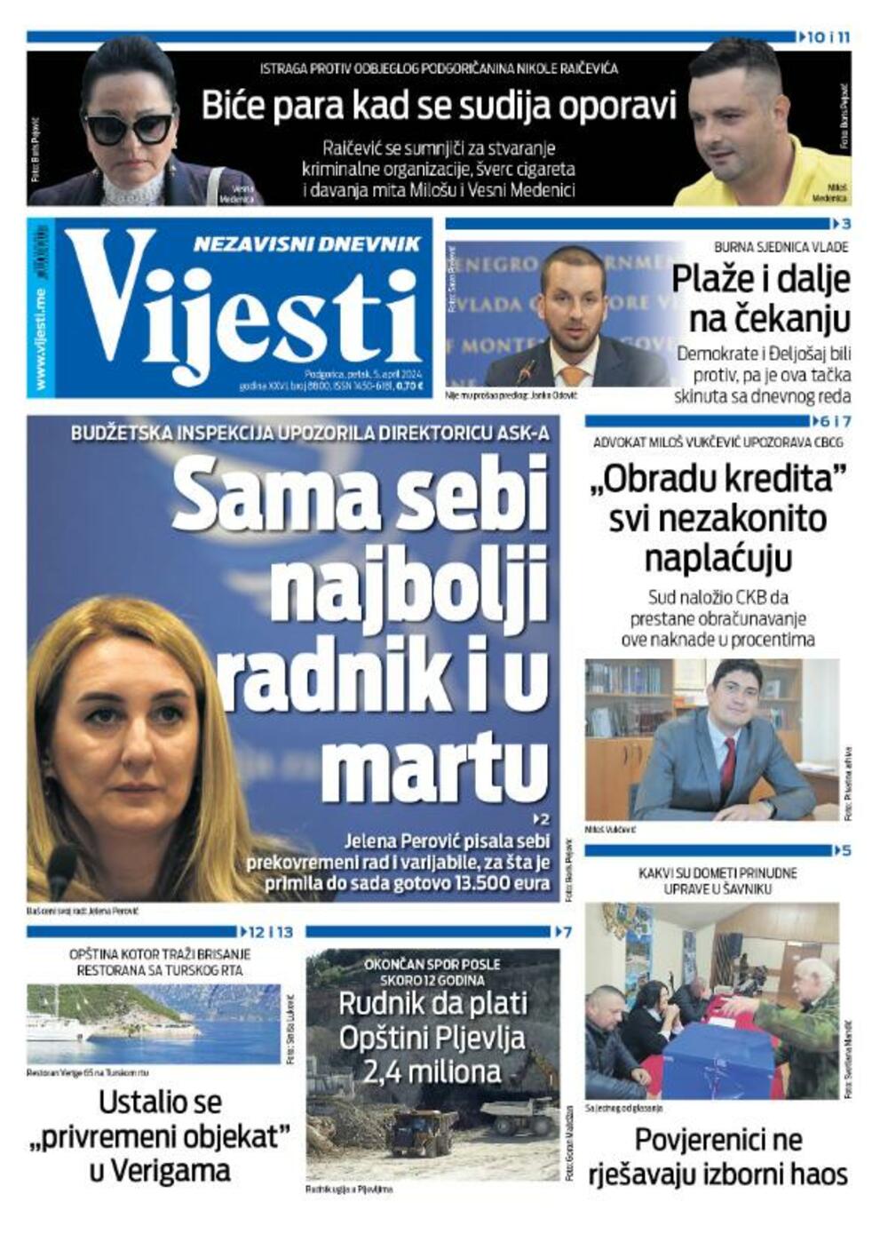 Naslovna strana "Vijesti" za 5. april 2024., Foto: Vijesti