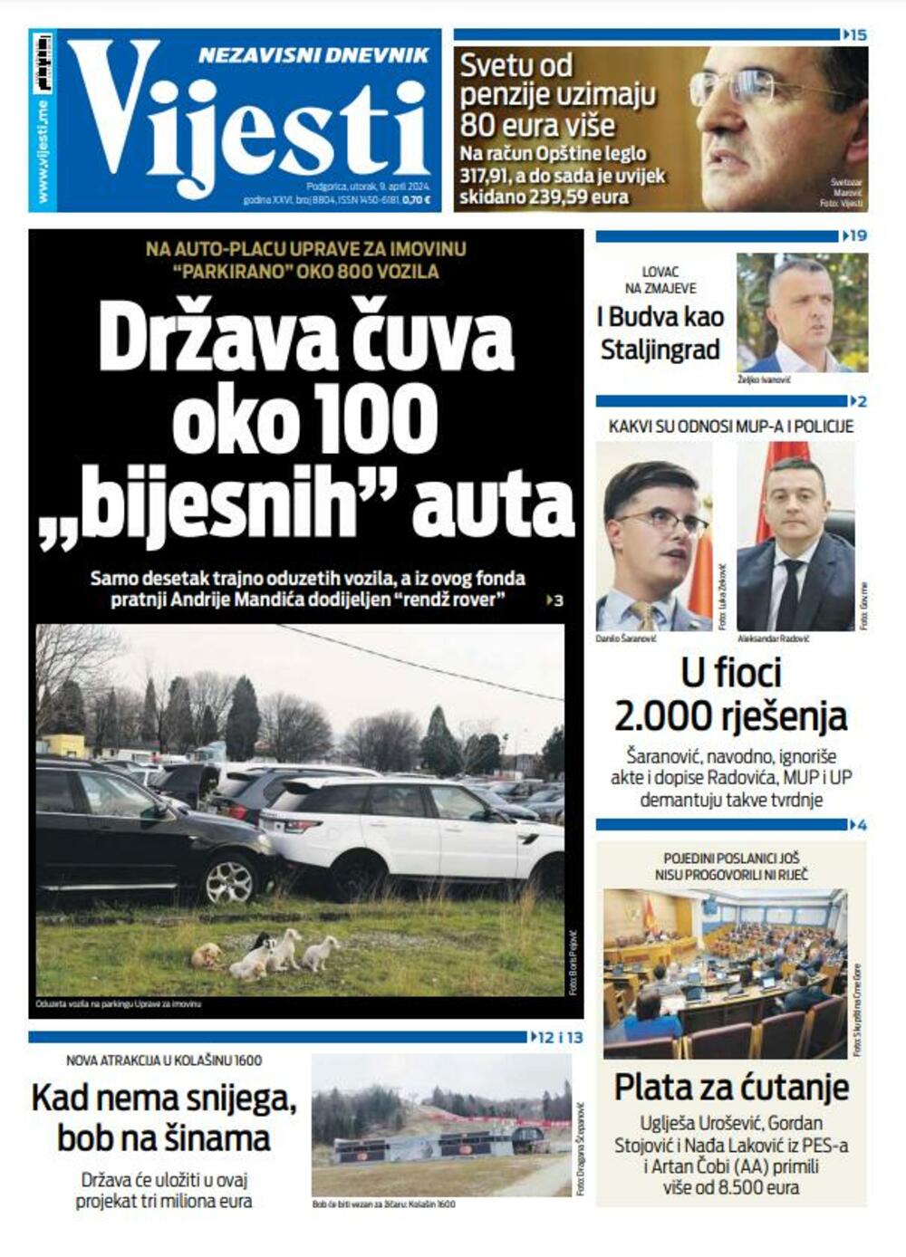 Naslovna strana "Vijesti" za 9. april 2024., Foto: Vijesti