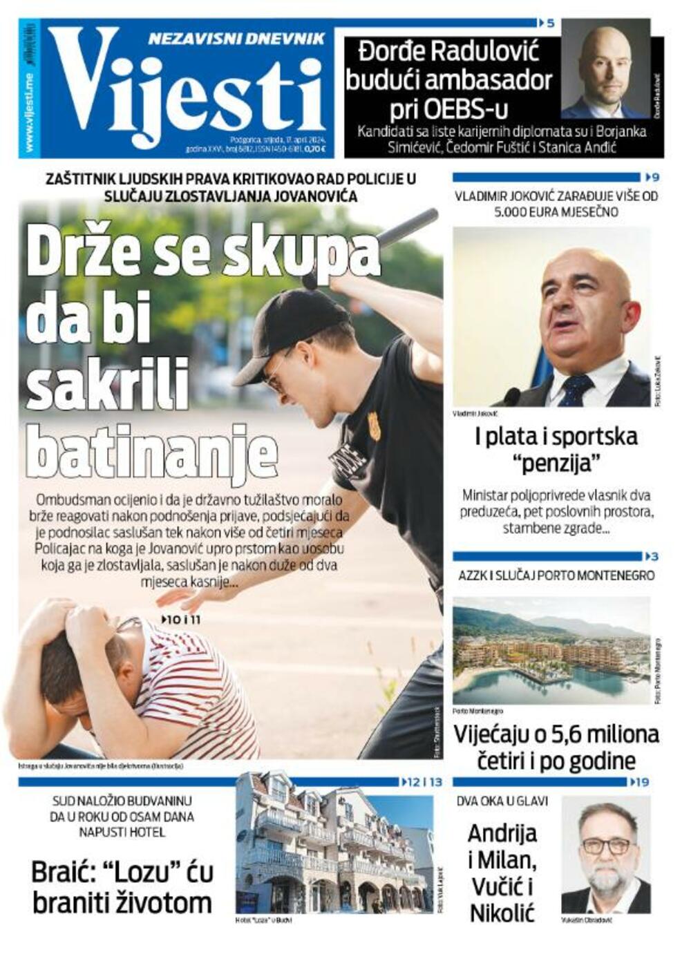 Naslovna strana 'Vijesti' za 17. april 2024.