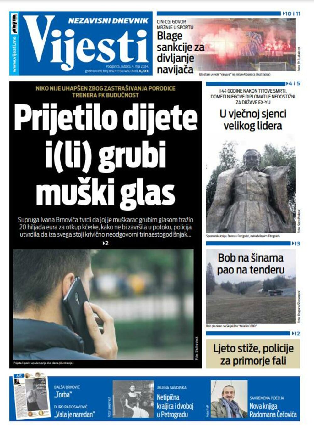 Naslovna strana "Vijesti" za 4. maj 2024., Foto: Vijesti