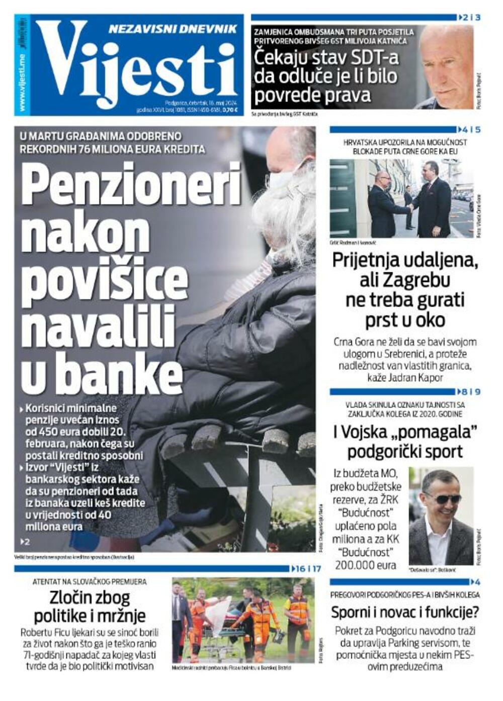 Naslovna strana "Vijesti" za 16. maj 2024., Foto: Vijesti