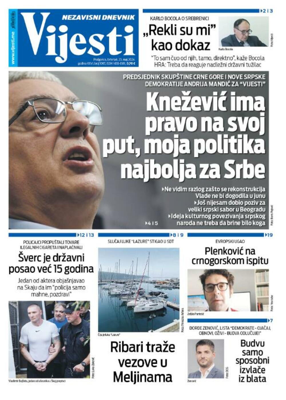Naslovna strana "Vijesti" za 23. maj 2024., Foto: Vijesti
