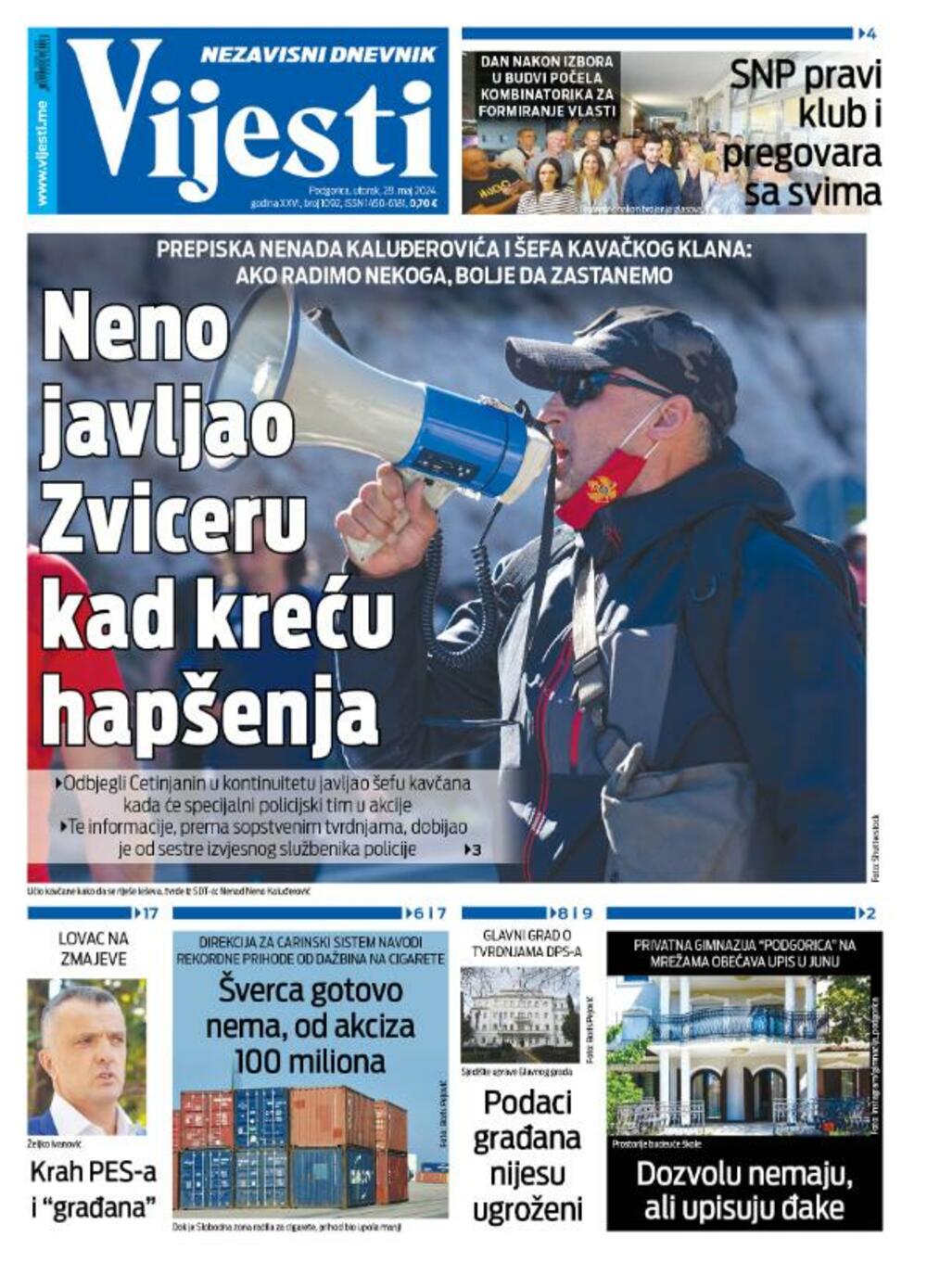 Naslovna strana "Vijesti" za 28. maj 2024., Foto: Vijesti