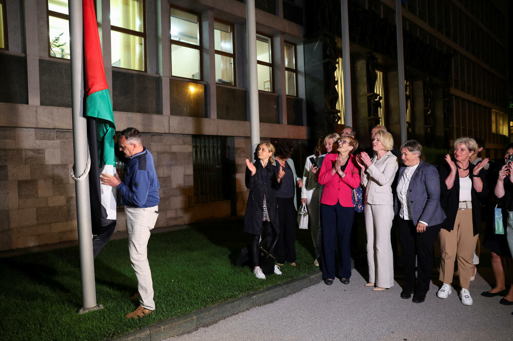 Podizanje palestinske zastave nakon što je parlament Slovenije priznao Palestinu: Detalj iz Ljubljane, Foto: Reuters