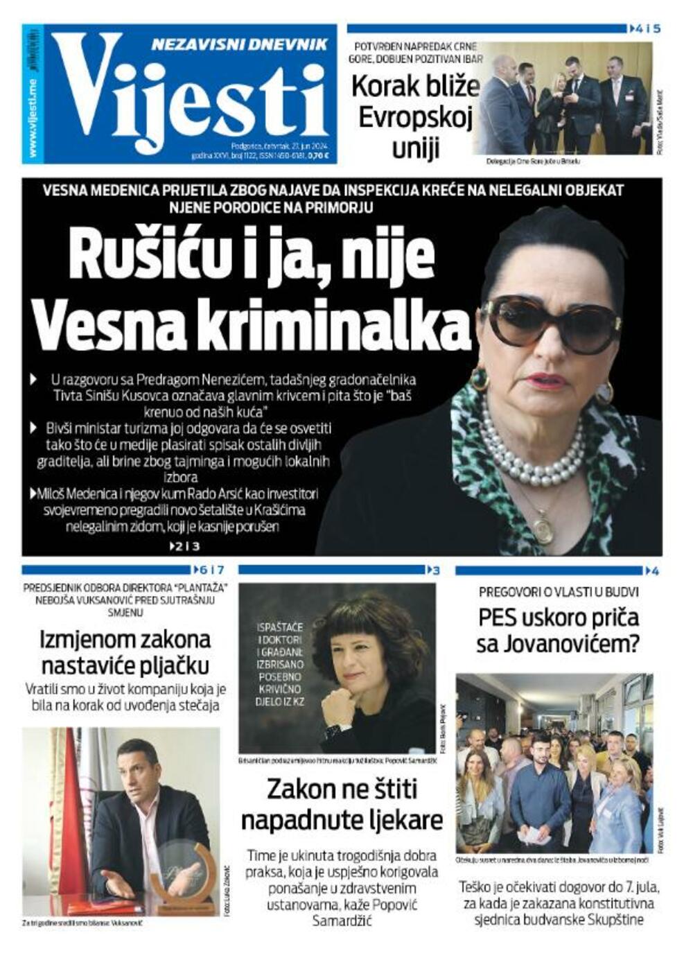 Naslovna strana "Vijesti" za 27. jun 2024., Foto: Vijesti
