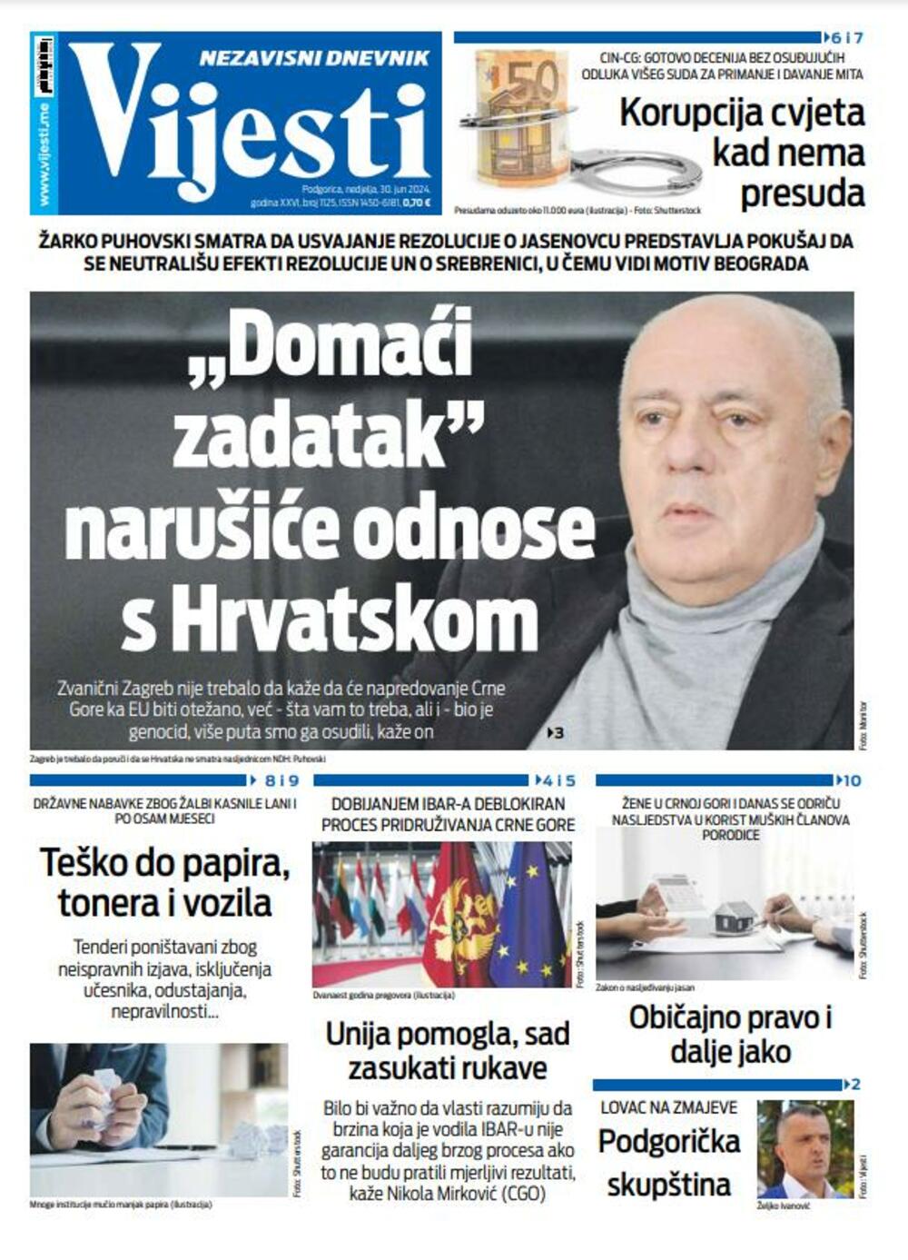 Naslovna strana "Vijesti" za 30. jun 2024., Foto: Vijesti