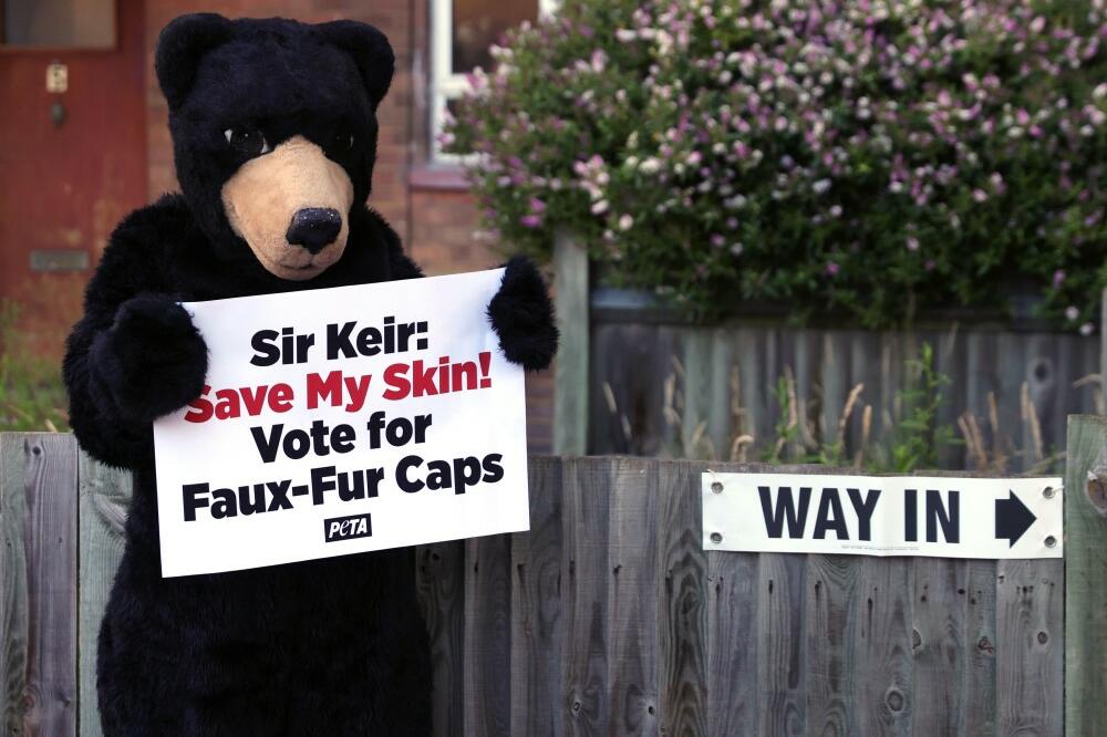 Aktivista organizacije PETA ispred biračkog mjesta sa metaforičnom porukom za laburistu Kira Starmera: 'Spasite mi krzno (kožu)', Foto: NEIL HALL/EPA-EFE/REX/Shutterstock (