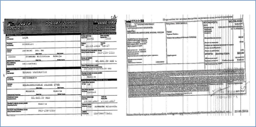 A copy of the payment slip showing the transfer of money from Šišmakov to Sinđelić, from the address in Moscow - Horoševskoe shosse, 76, which is known as the headquarters of the GRU