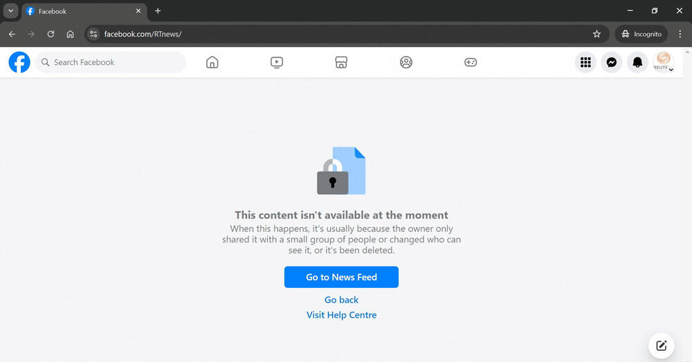 Nedostupna stranica RT News na Fejsbuku