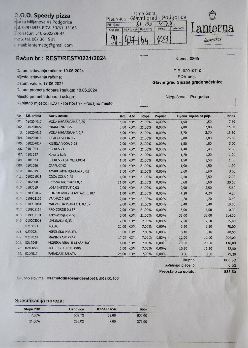 Račun za ručak učesnika konferencije “Ženske kvote - put ka jedinstvu”