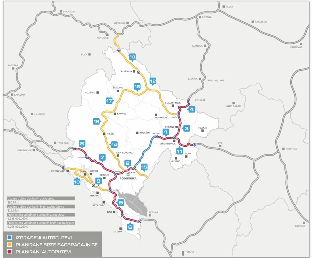 Mapa izgrađenih i planiranih auto-puteva, i planiranih brzih saobraćajnica