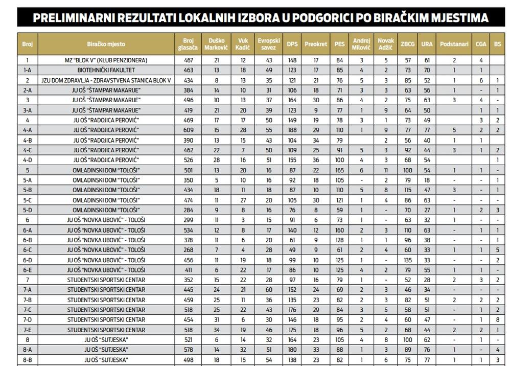 Preliminarni rezultati lokalnih izbora u Podgorici po biračim mjestima